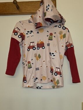Kids' Farm Tractor Hoodie - Pink with Red Sleeves